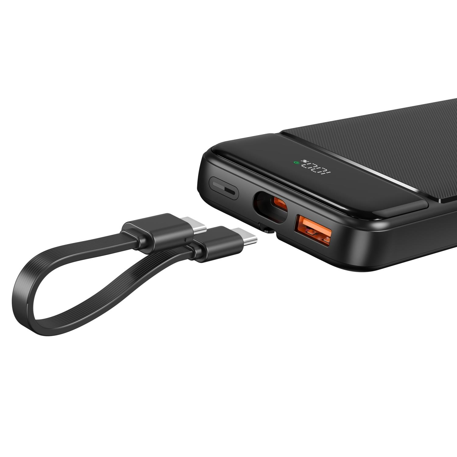 USB-C bağlantı noktalarına ve örgülü USB-C kablosuna sahip siyah powerbank.
