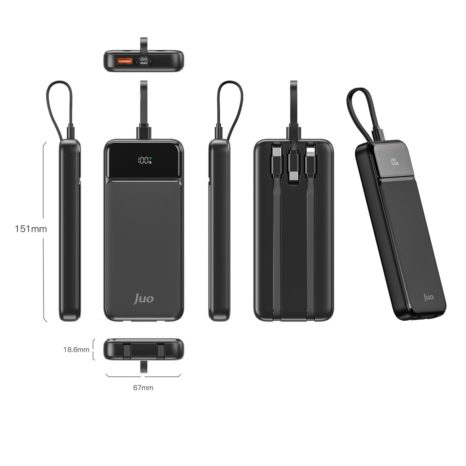 Entegre kabloları ve dijital ekranı olan siyah Juo powerbank.
