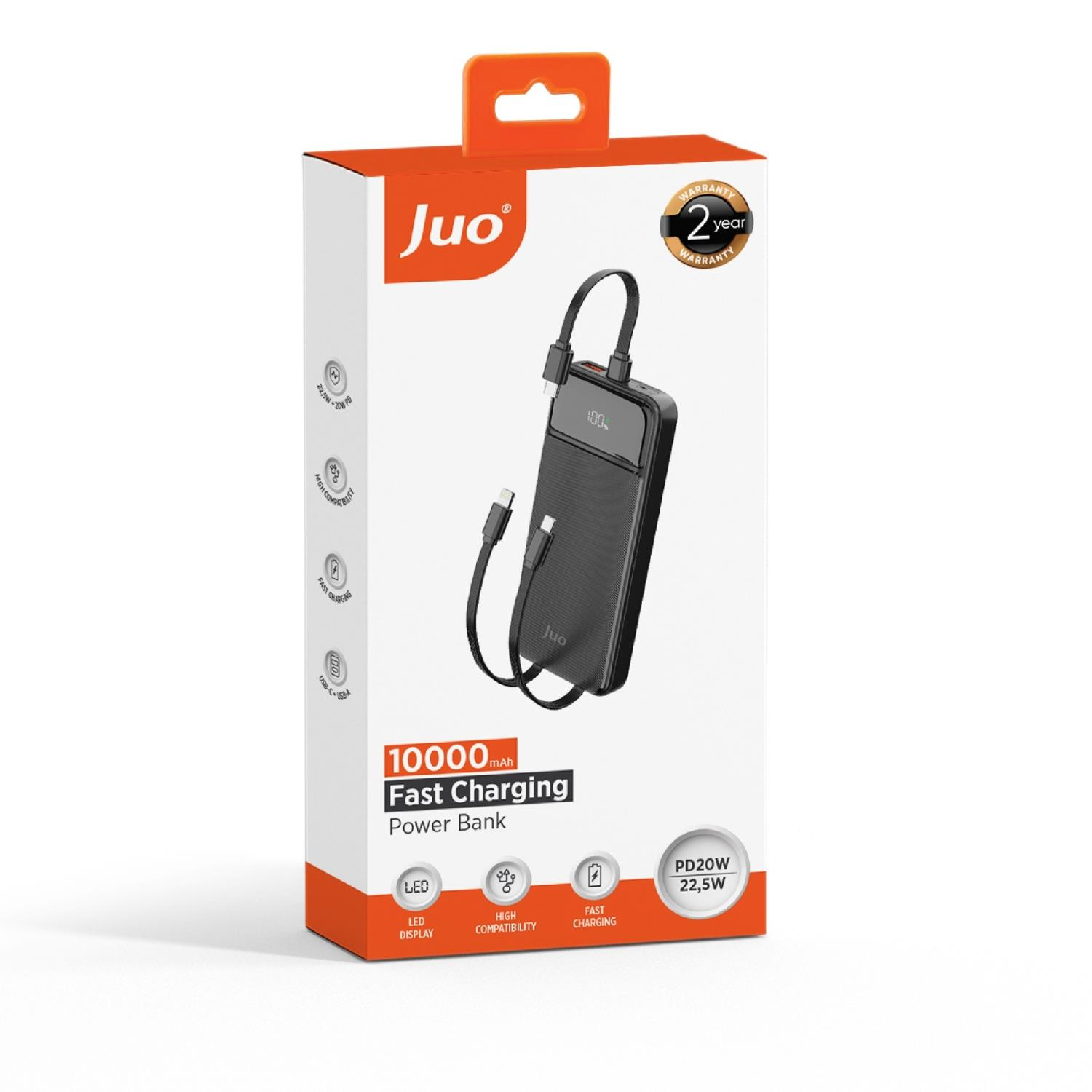 Juo powerbank ambalajı, siyah şarj cihazı ve kablosu, 10000 mAh, PD 20W.