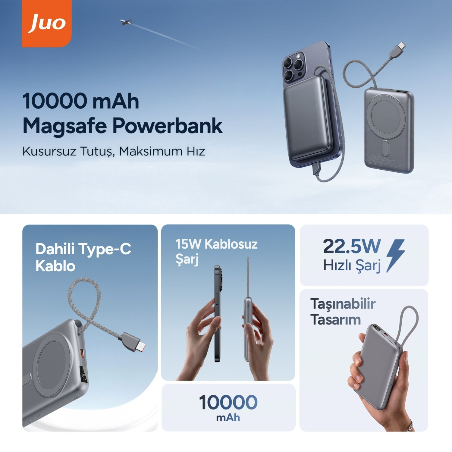 Gri 10000 mAh Juo MagSafe powerbank bir iPhone'a takılı.