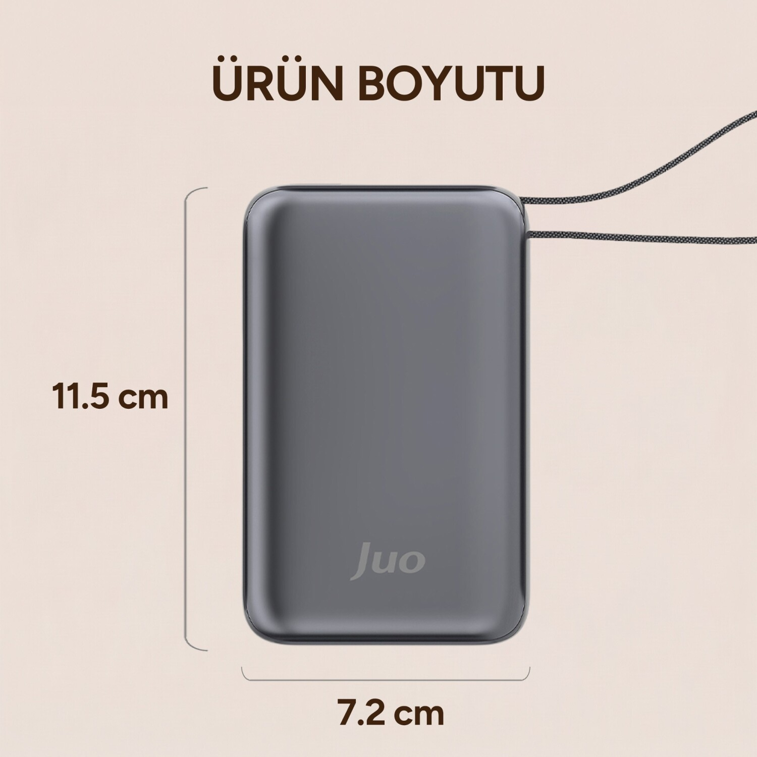 Gri 11,5 x 7,2 cm boyutlarında, kablolu dikdörtgen cihaz.
