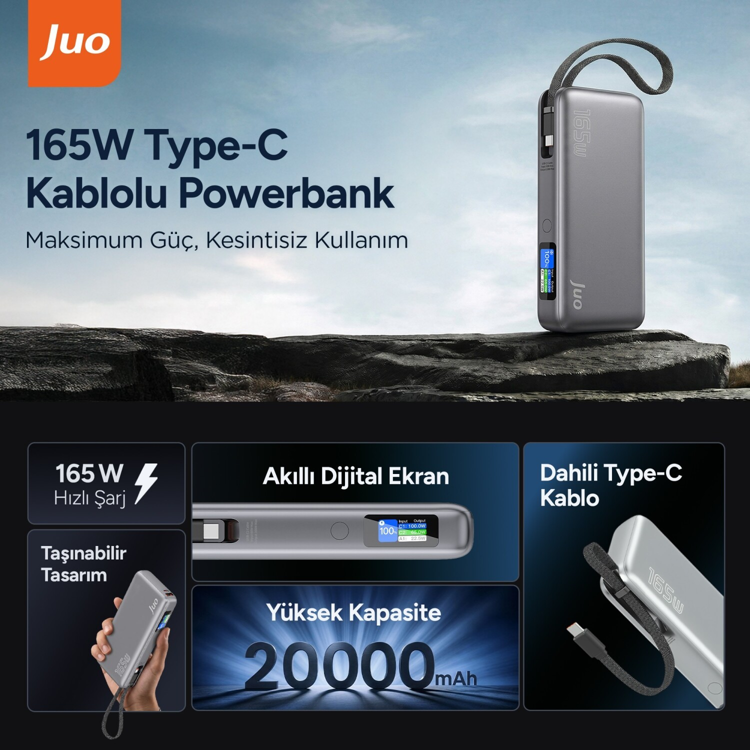 Dijital ekranlı ve dahili kablolu gri 165W Juo powerbank.
