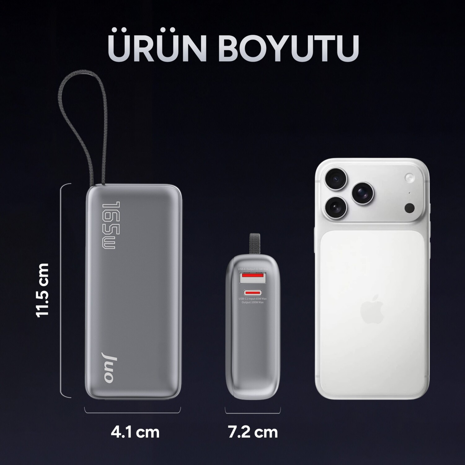 Gümüş renkli powerbank (11,5x4,1cm), daha küçük powerbank (7,2cm) ve beyaz akıllı telefon.
