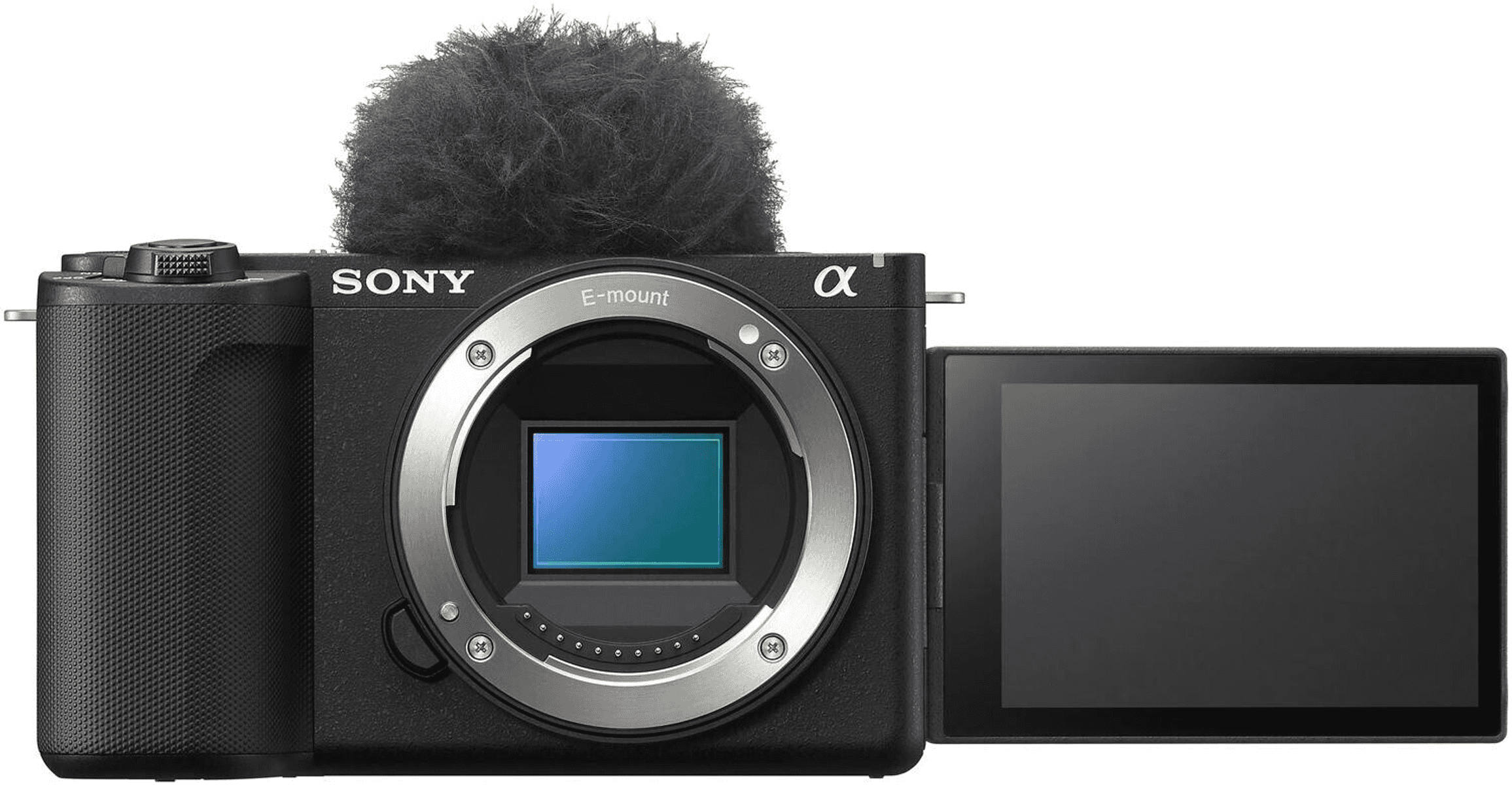Una fotocamera Sony nera con microfono e schermo aperto.