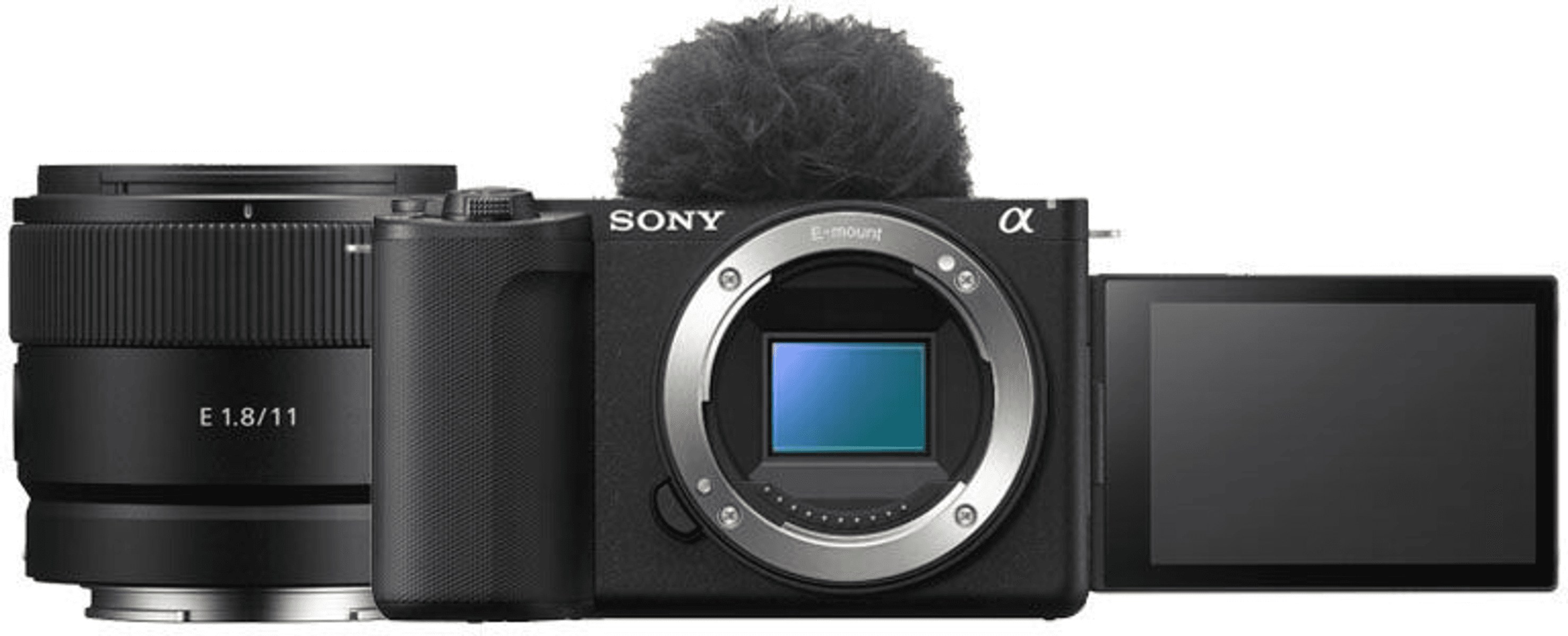Fotocamera Sony con obiettivo, microfono e schermo ribaltabile. Sfondo bianco.
