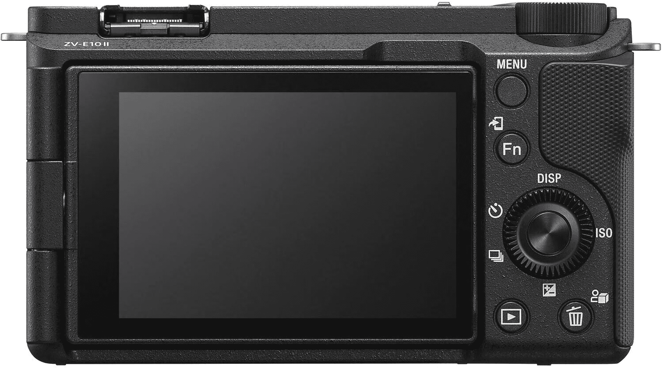 Retro di una fotocamera Sony ZV-E10 II nera con ampio schermo LCD e pulsanti di controllo.