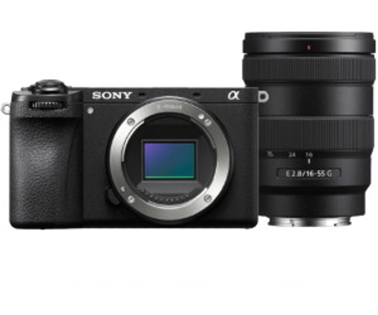 Een zwarte Sony Alpha camera met een lens ernaast.