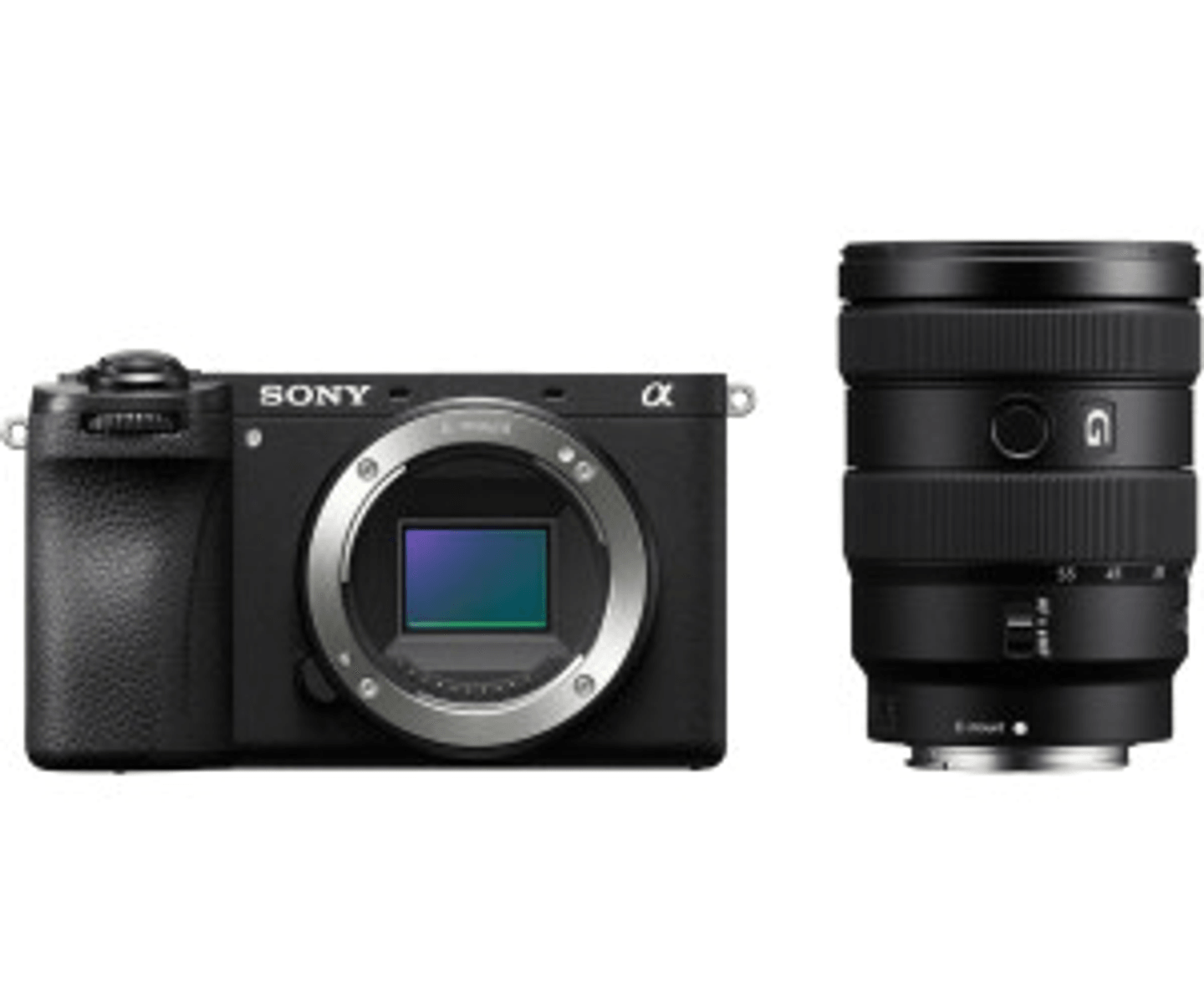 Zwarte Sony Alpha camera naast een zwarte lens met zoomring.