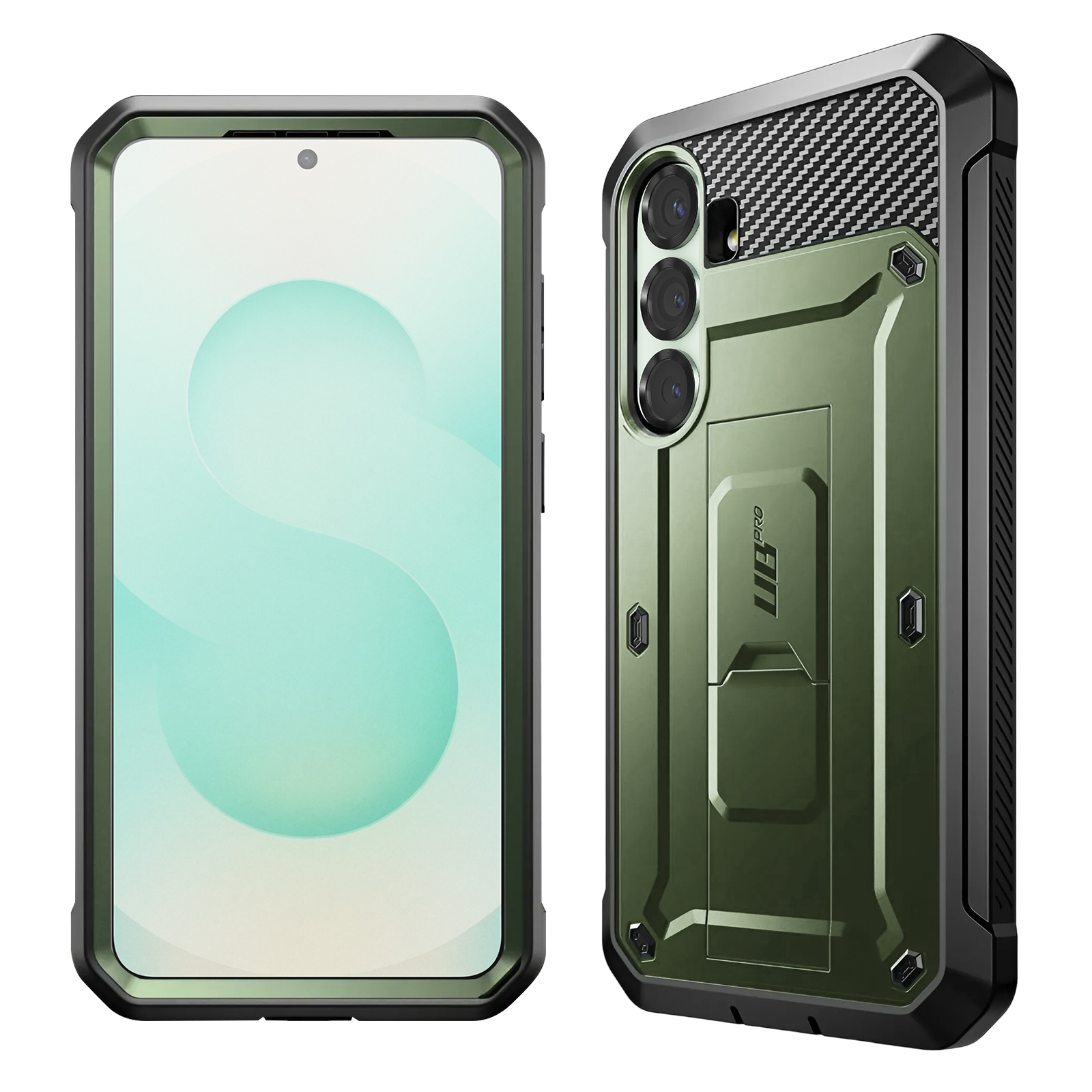 Custodia verde per telefono con fotocamere e motivo carbonio, viste fronte/retro.