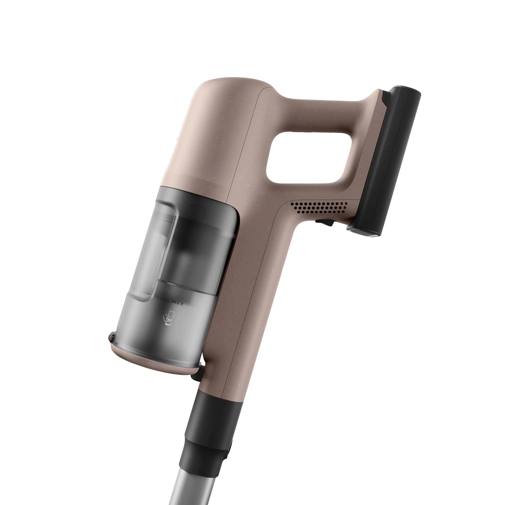 Un'impugnatura per aspirapolvere a mano beige screziato con contenitore polvere trasparente.