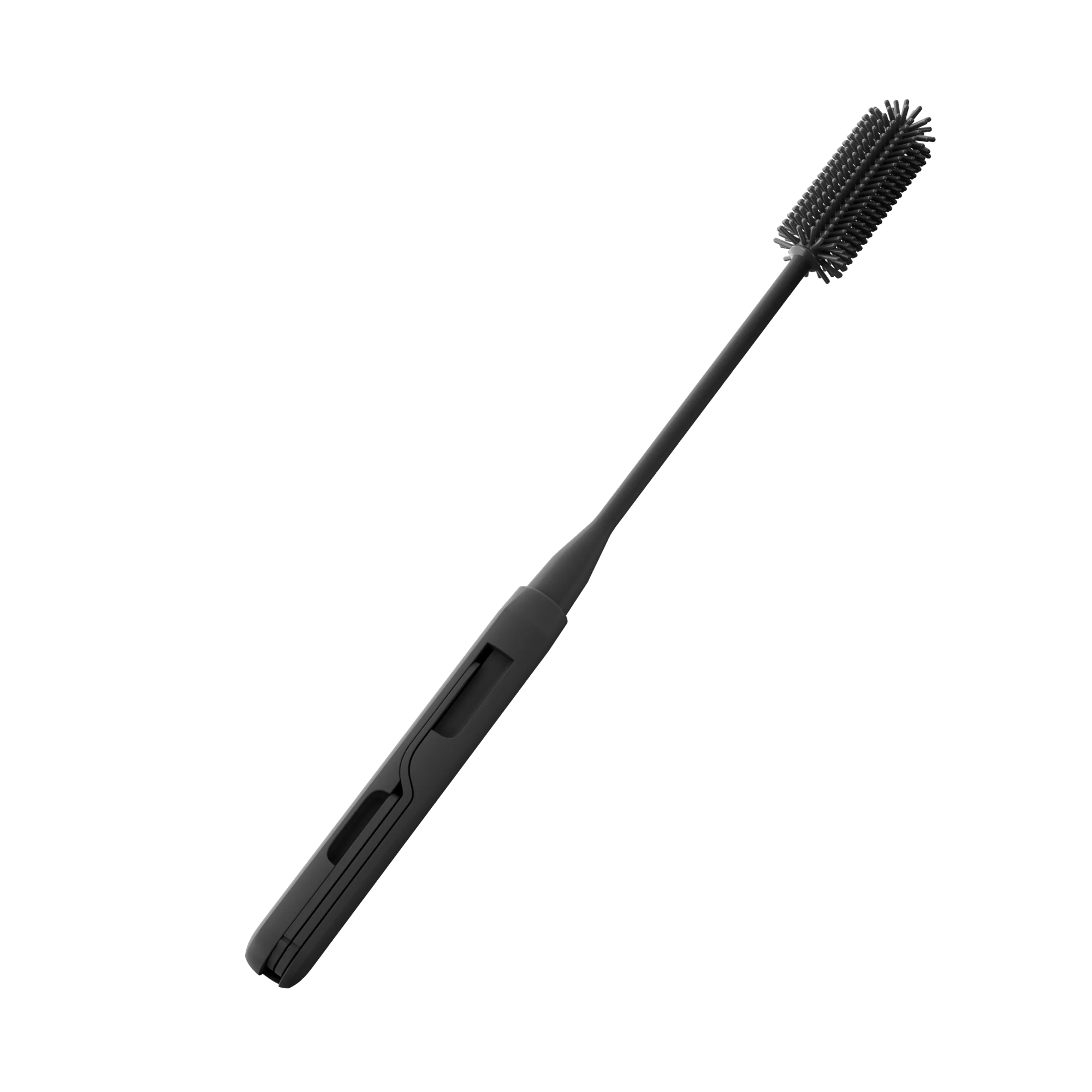 Spazzola nera e sottile per bottiglie con setole in silicone e manico.