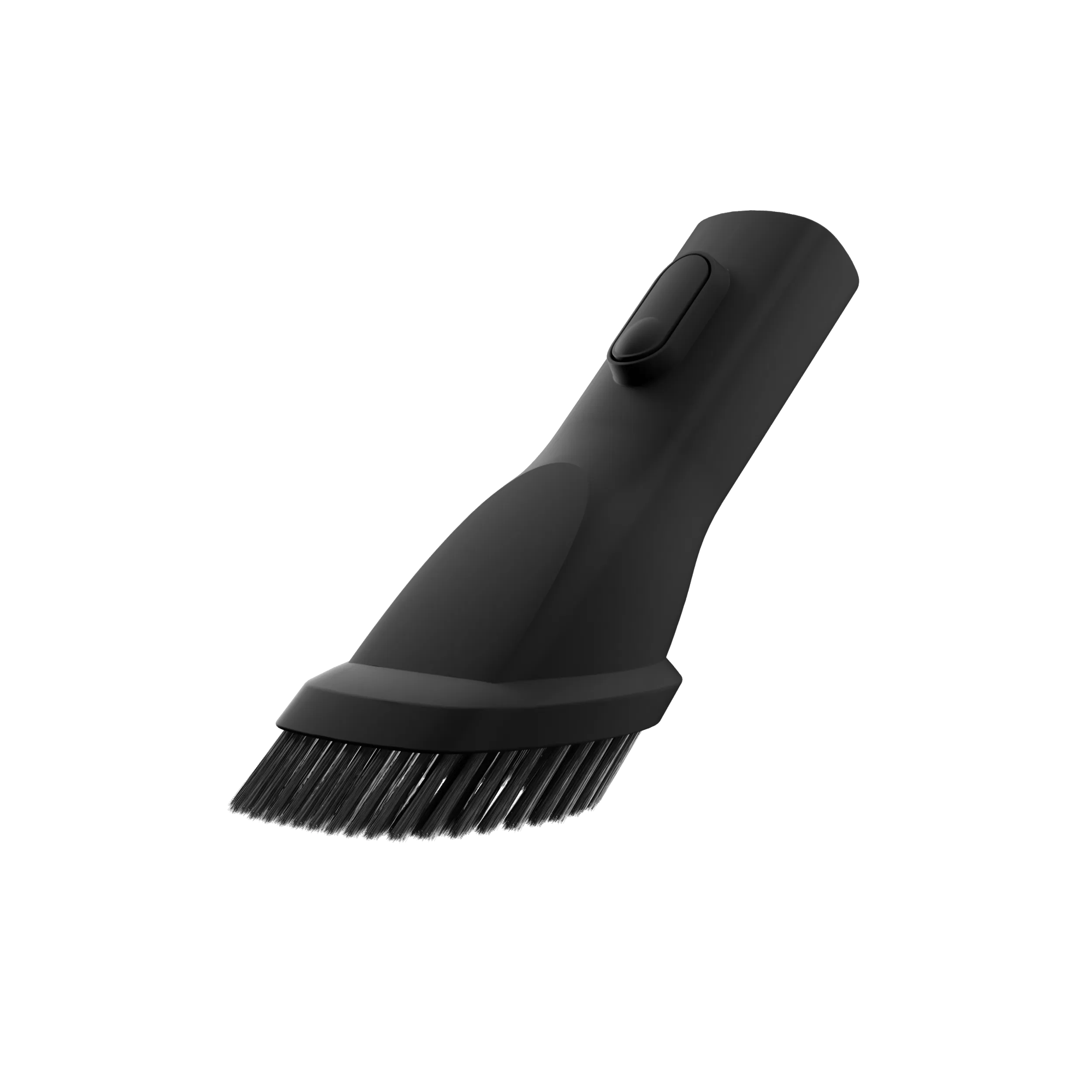Ugello aspirapolvere nero con setole e un pulsante.