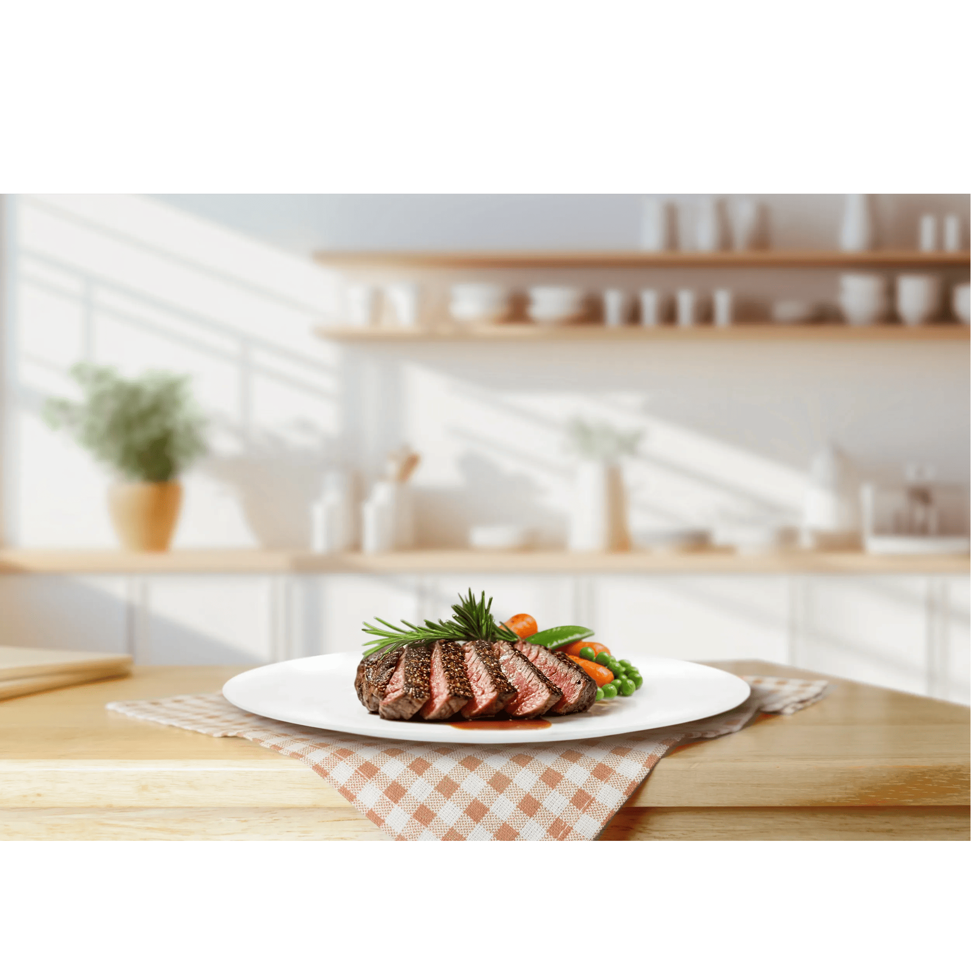 Sliced steak with herbs, peas and carrots on a white plate.