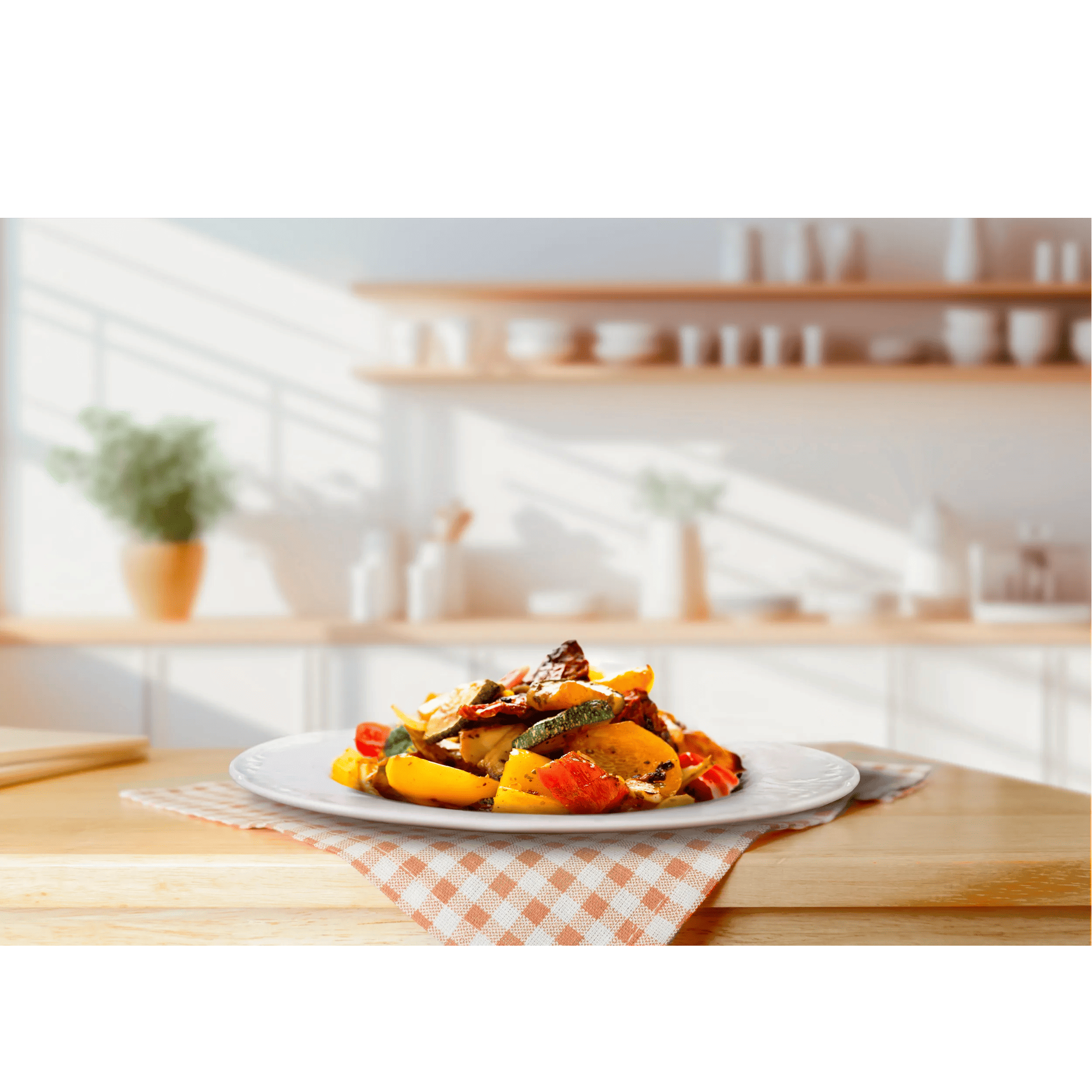 Roasted vegetables on a plate with a checkered napkin on a wooden table.