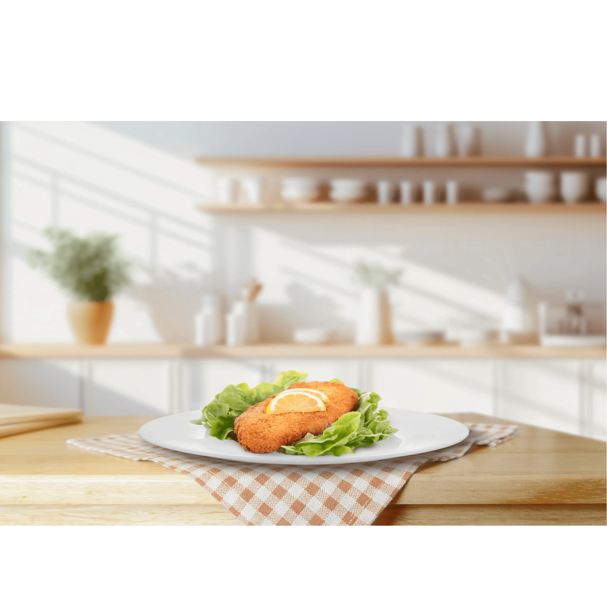 A breaded cutlet with lettuce and lemon on a plate.