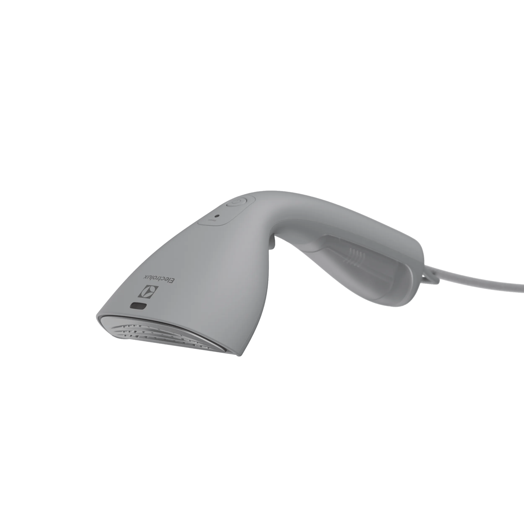 Un vaporizzatore per abiti portatile grigio con cavo su sfondo bianco.
