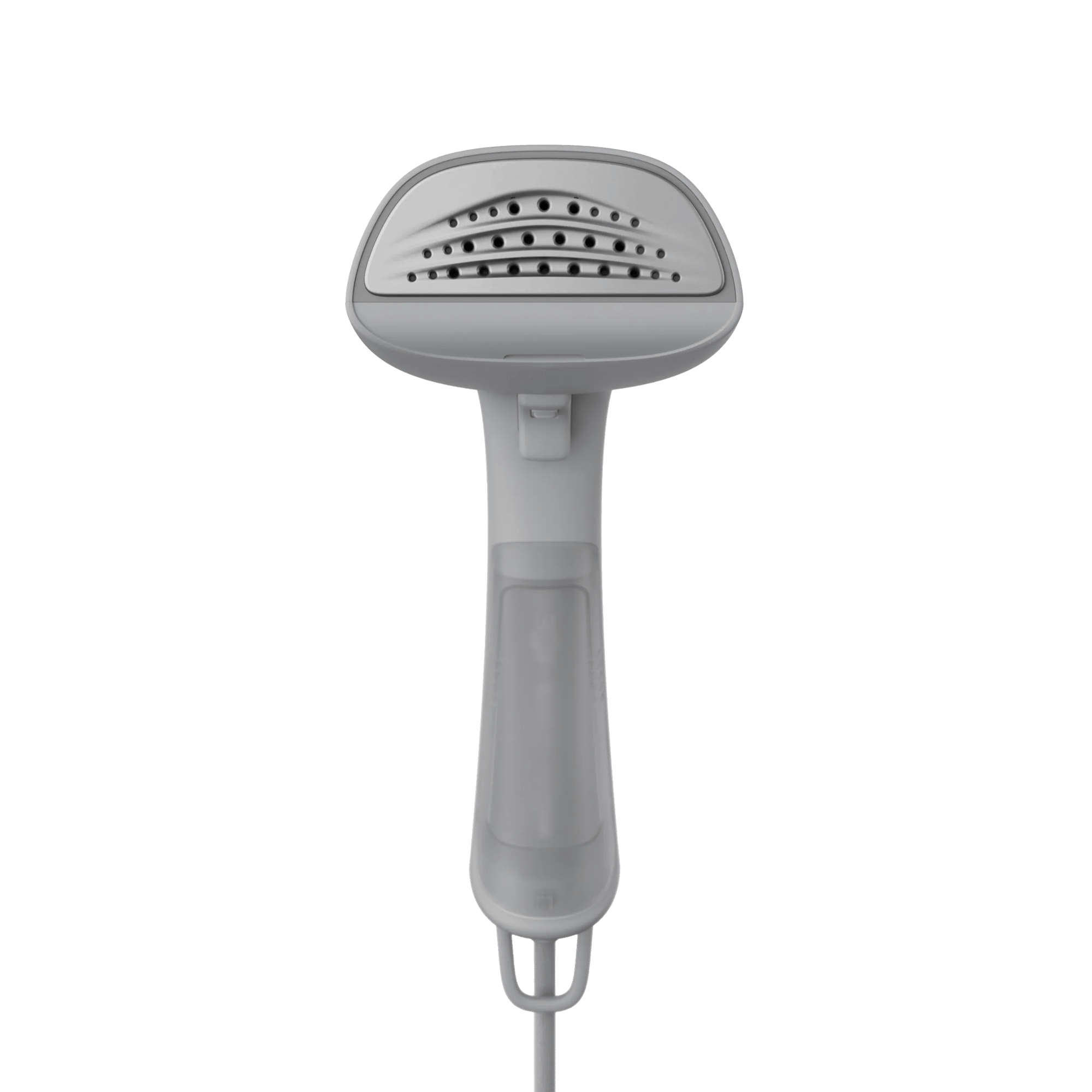 Un vaporizzatore portatile grigio con serbatoio acqua trasparente.