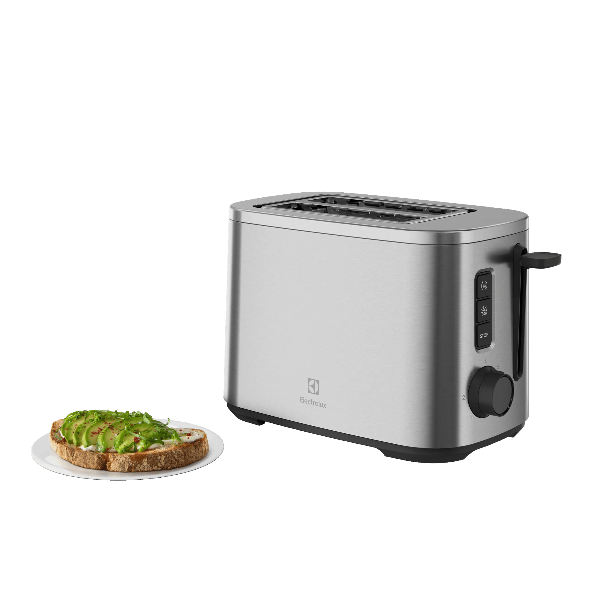Tostapane argentato accanto a una fetta di toast con avocado ed erbe su un piatto.
