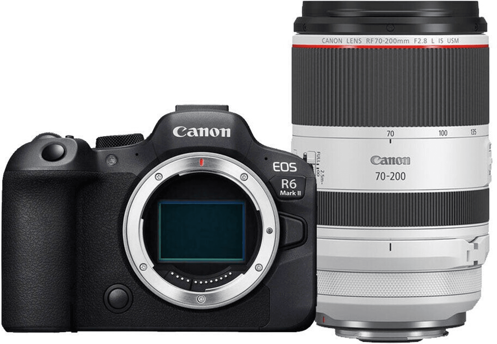 Cámara Canon EOS R6 Mark II negra con un objetivo Canon RF 70-200mm F2.8 L IS USM blanco.
