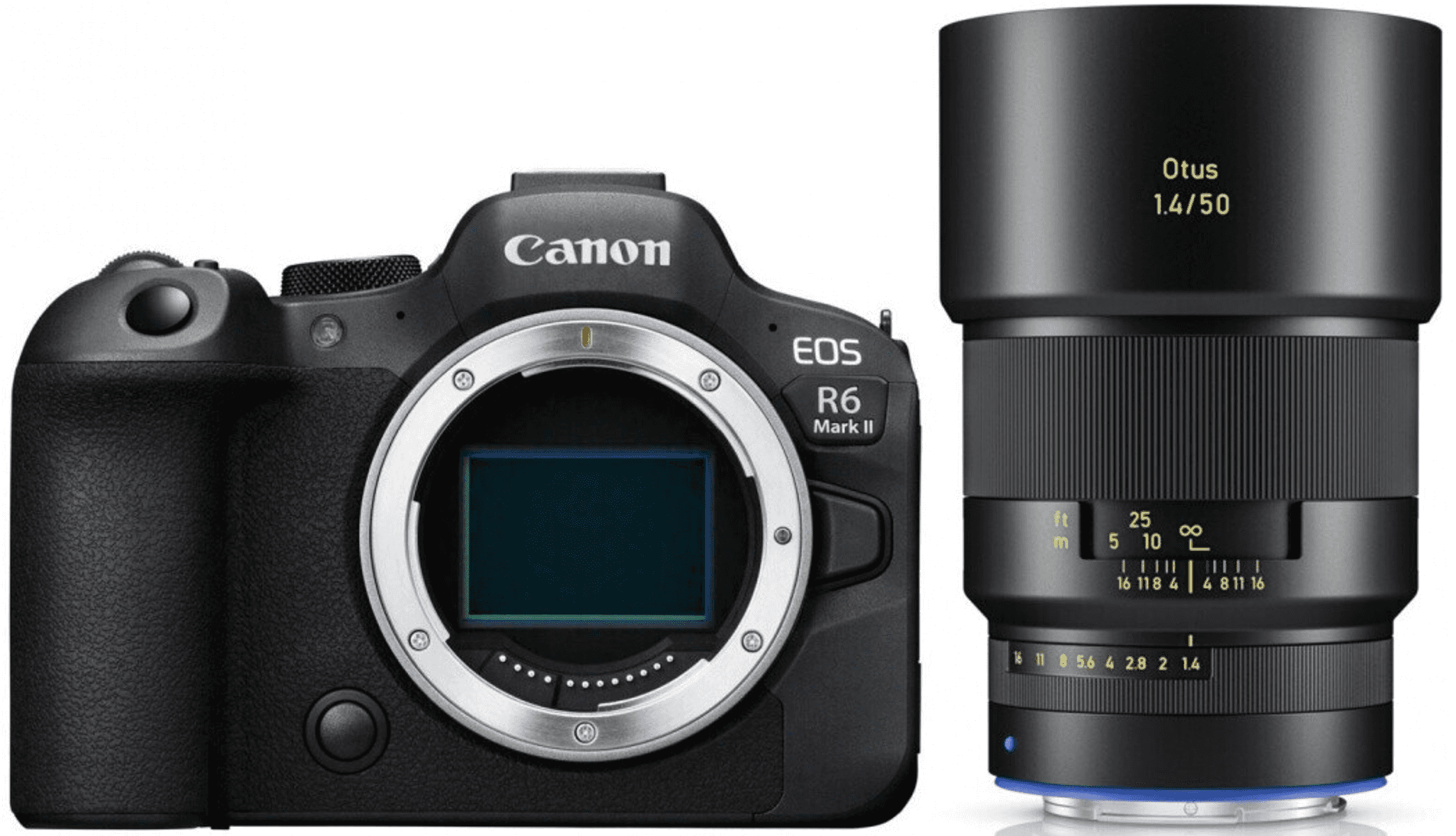 Una cámara Canon EOS R6 Mark II negra junto a un objetivo Otus 1.4/50 negro.