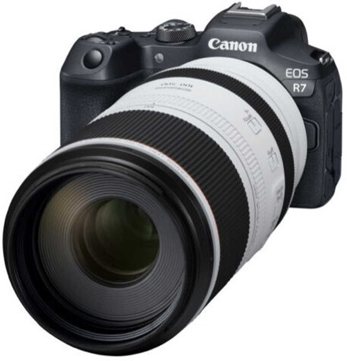 Een zwarte Canon EOS R7 camera met een wit en zwart objectief.