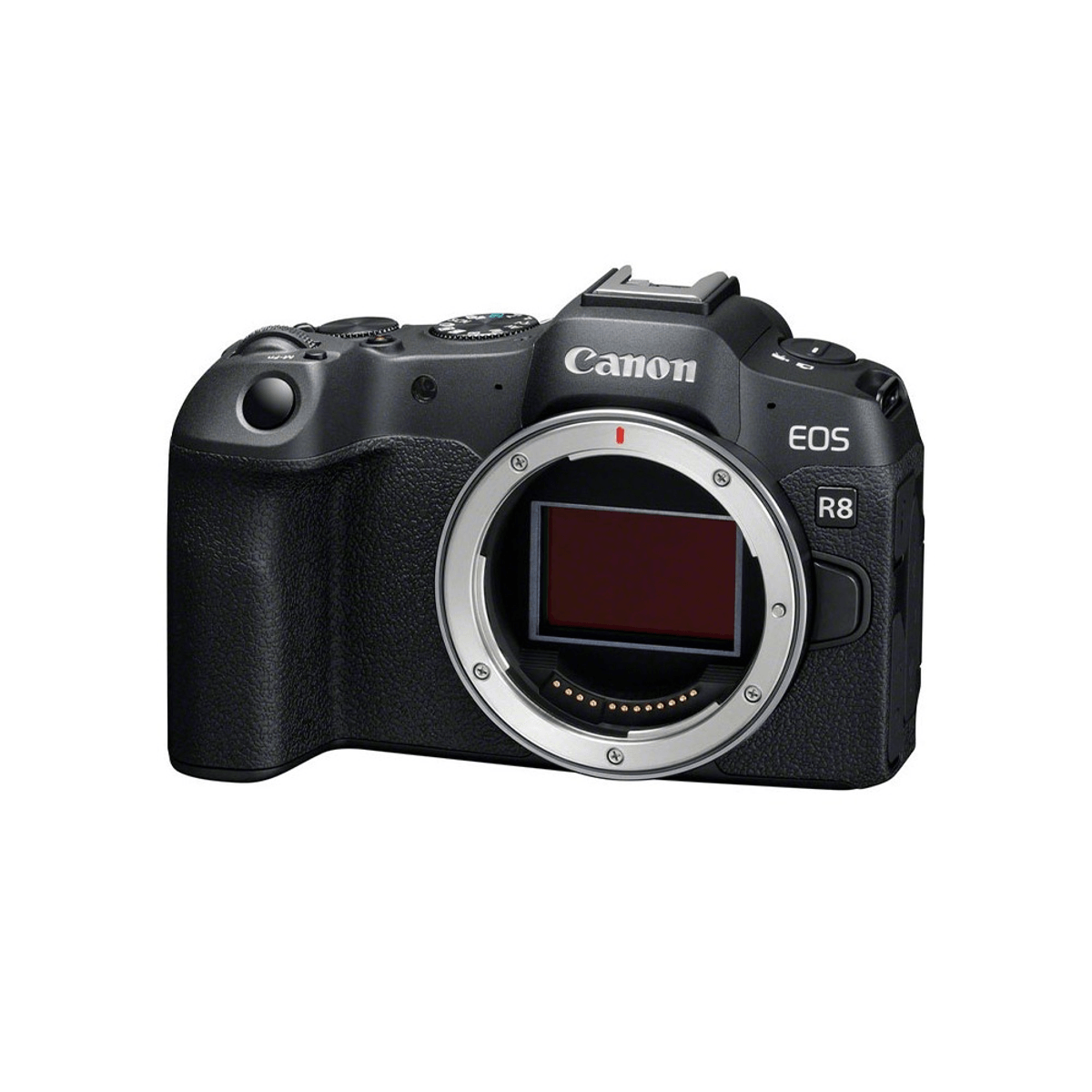 Cámara Canon EOS R8 negra con montura de lente y sensor.