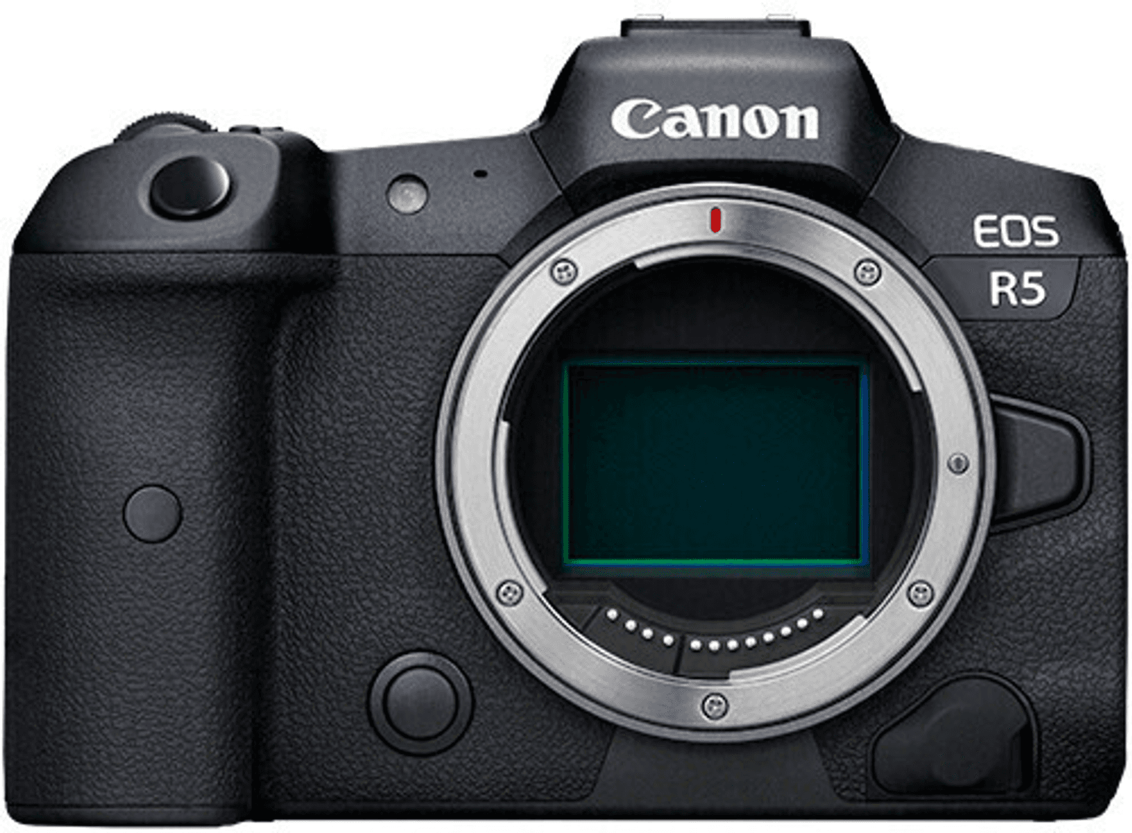 Cámara Canon EOS R5 negra con montura de lente plateada y sensor abierto.