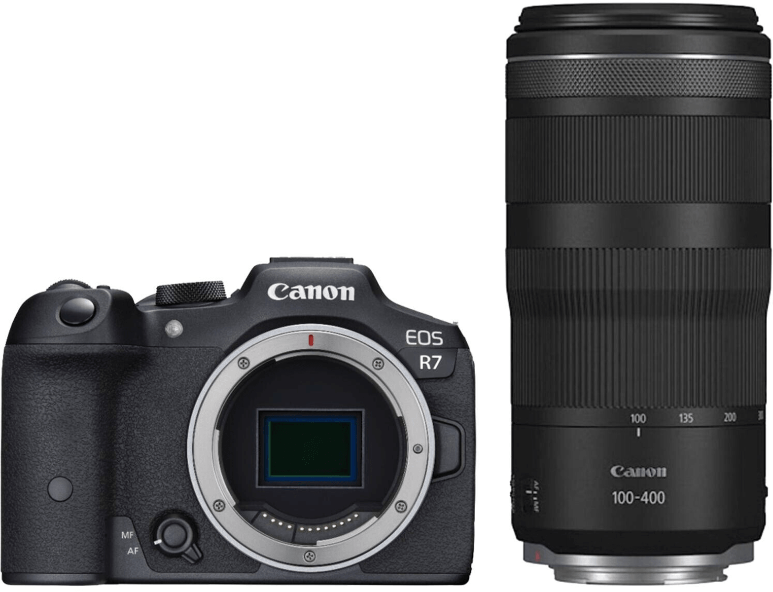 Cámara Canon EOS R7 negra con lente. Fondo blanco.