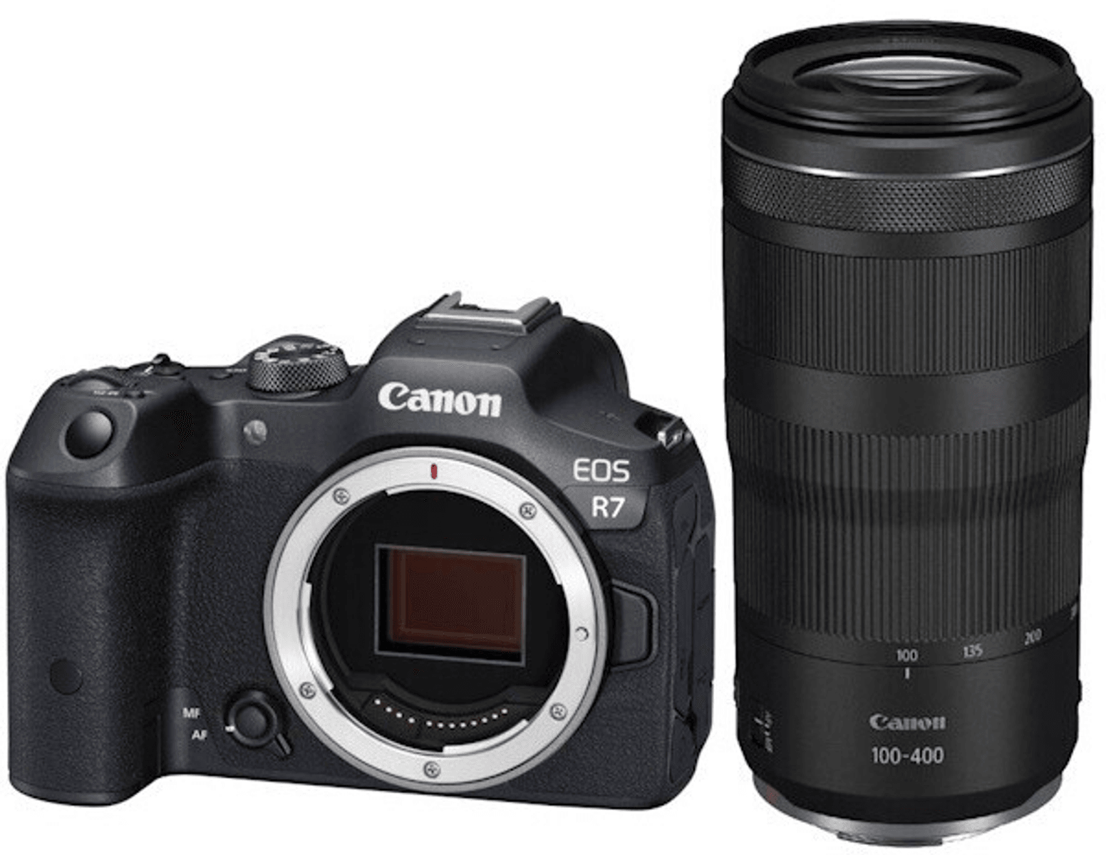 Cámara Canon EOS R7 negra junto a un objetivo Canon 100-400mm.