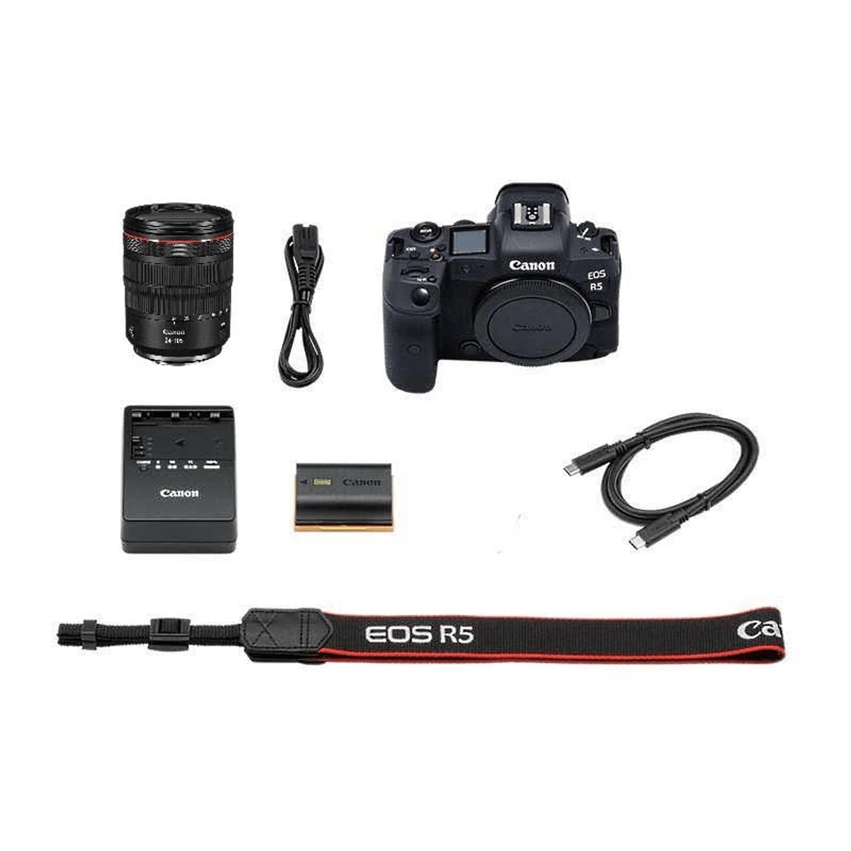Cámara Canon EOS R5 con lente, batería, cargador, cables y correa.