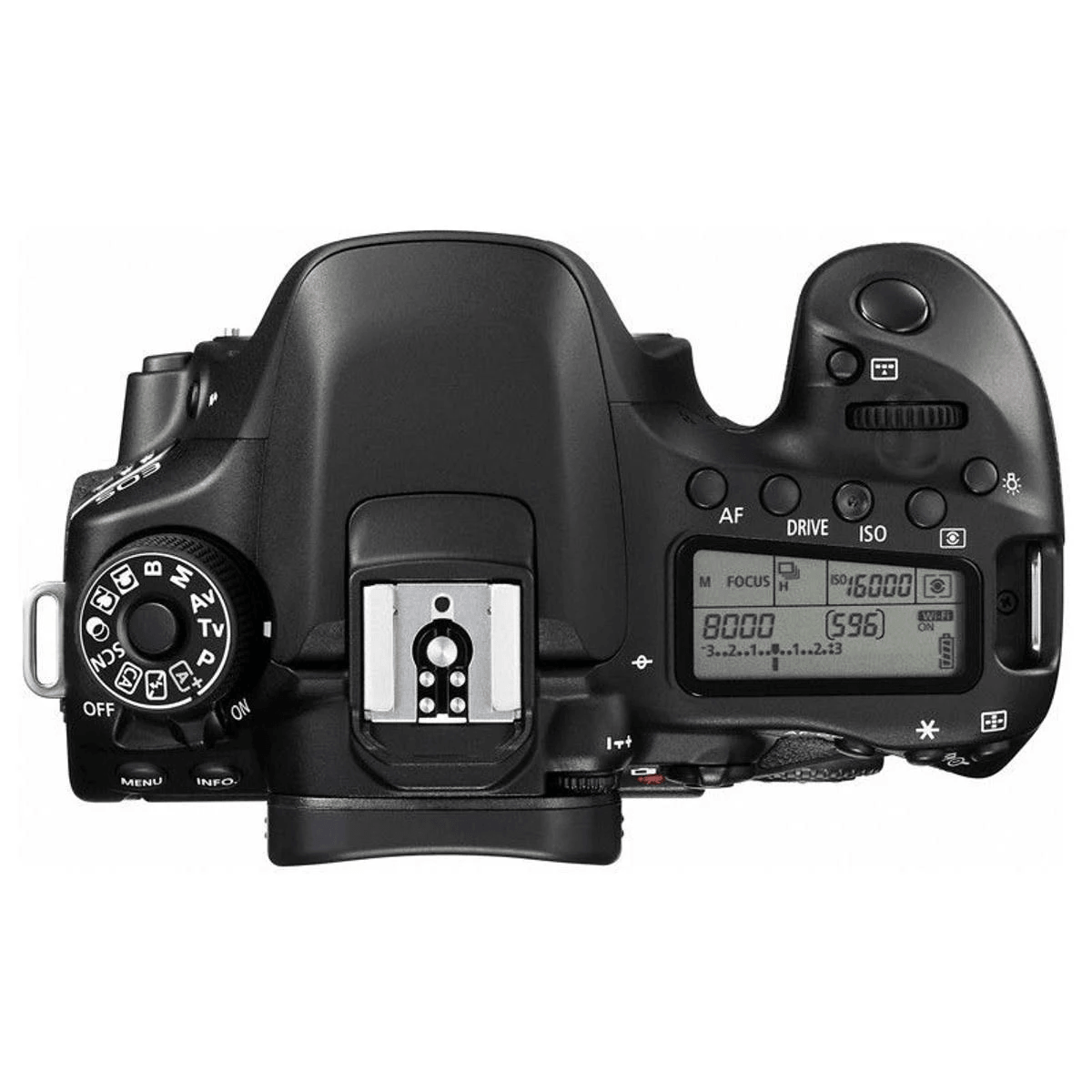 Vista dall'alto di una fotocamera DSLR nera con ghiera modi, slitta accessori e schermo LCD.