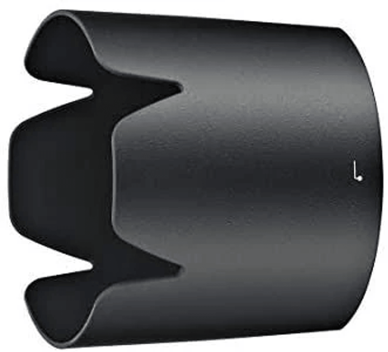 Schwarze Kamera-Objektivhaube mit Blütenblattdesign auf weißem Hintergrund.