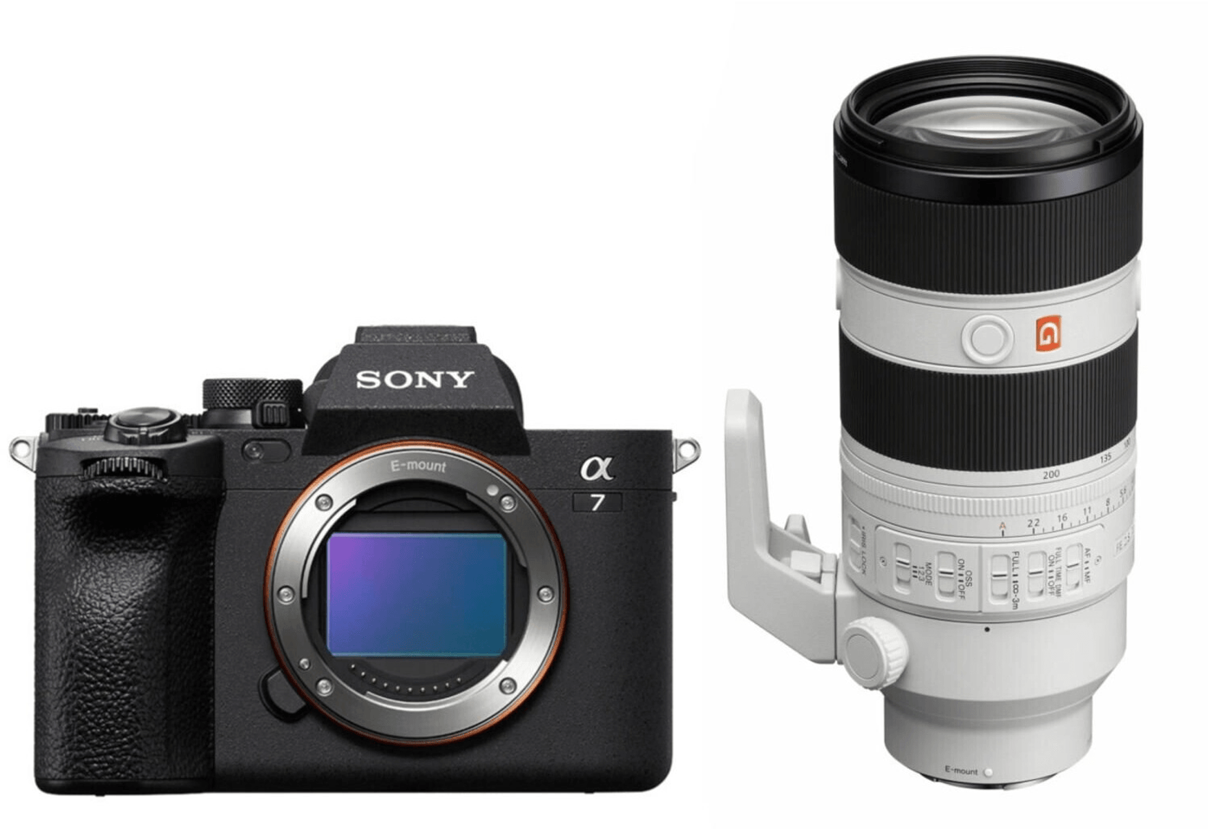 Een zwarte Sony Alpha 7 camera en een witte telelens met zwarte ring.