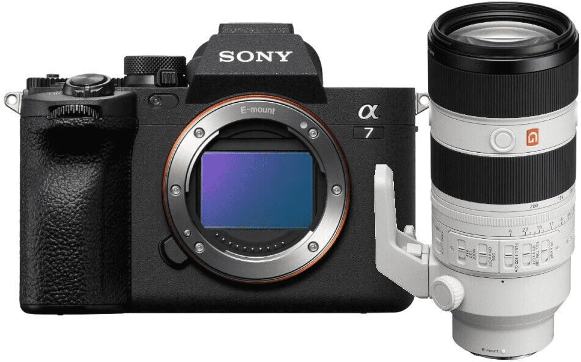 Een zwarte Sony Alpha 7 camera met een witte telelens.