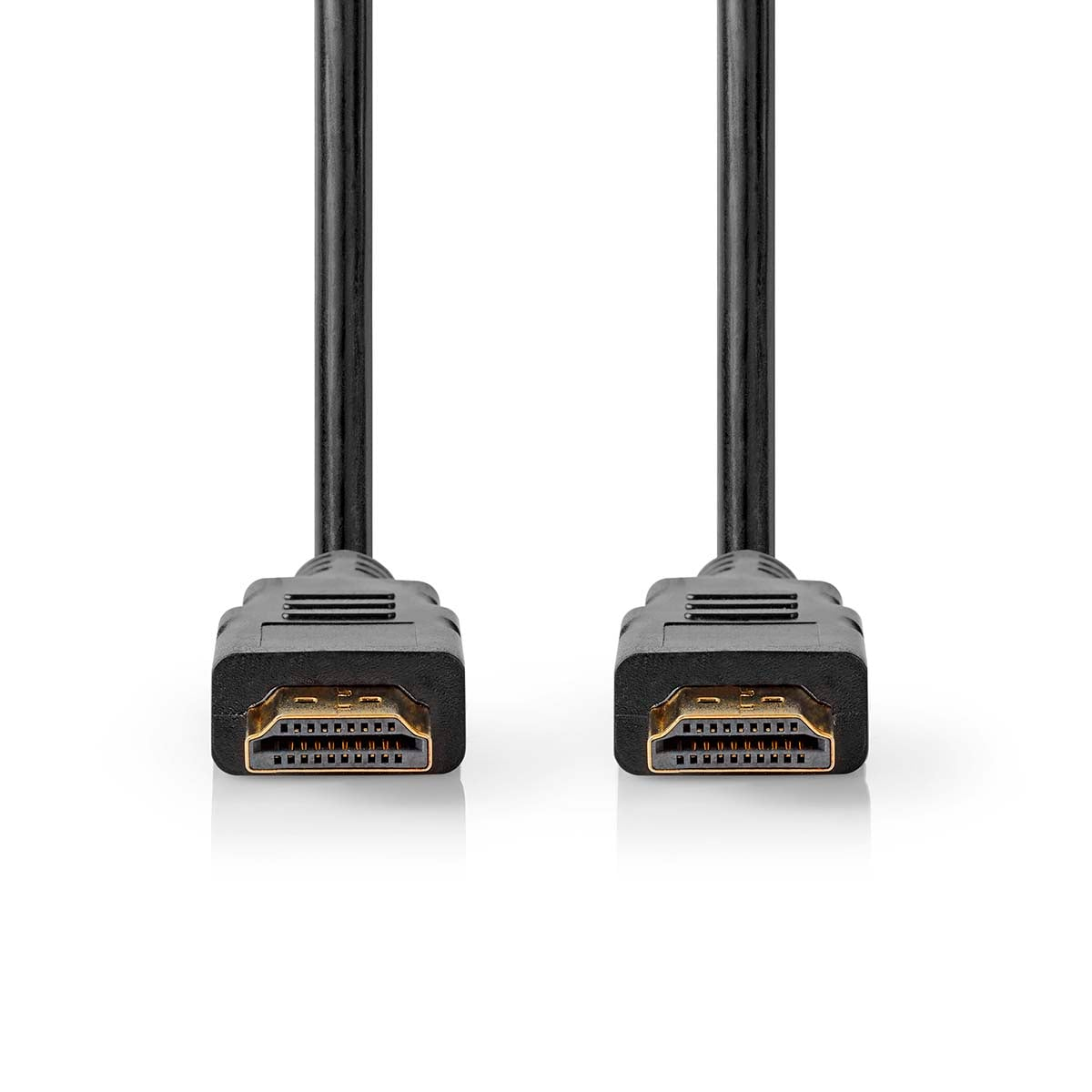 Twee zwarte HDMI-kabels met gouden connectoren op witte achtergrond.