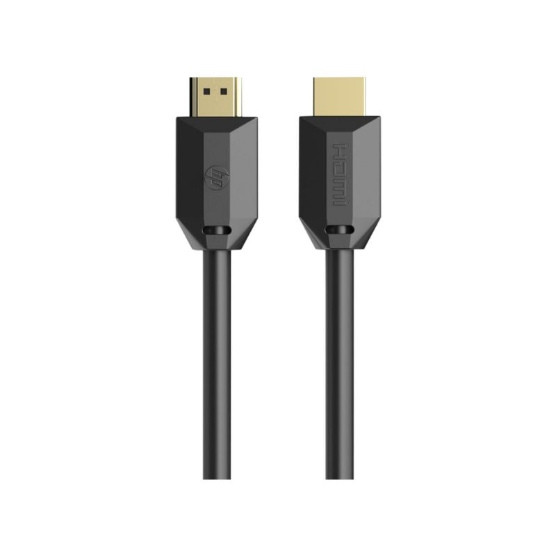 Altın konektörlü iki siyah HDMI kablosu, biri HP logolu.