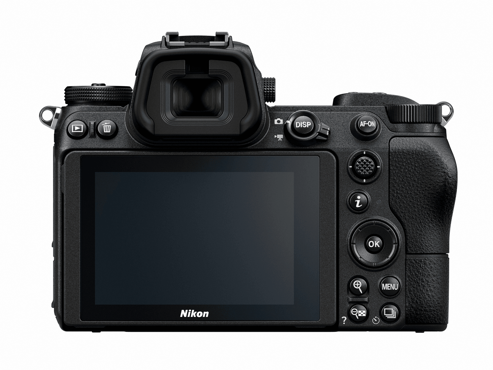 Vista trasera de una cámara Nikon negra con pantalla LCD y botones de control.