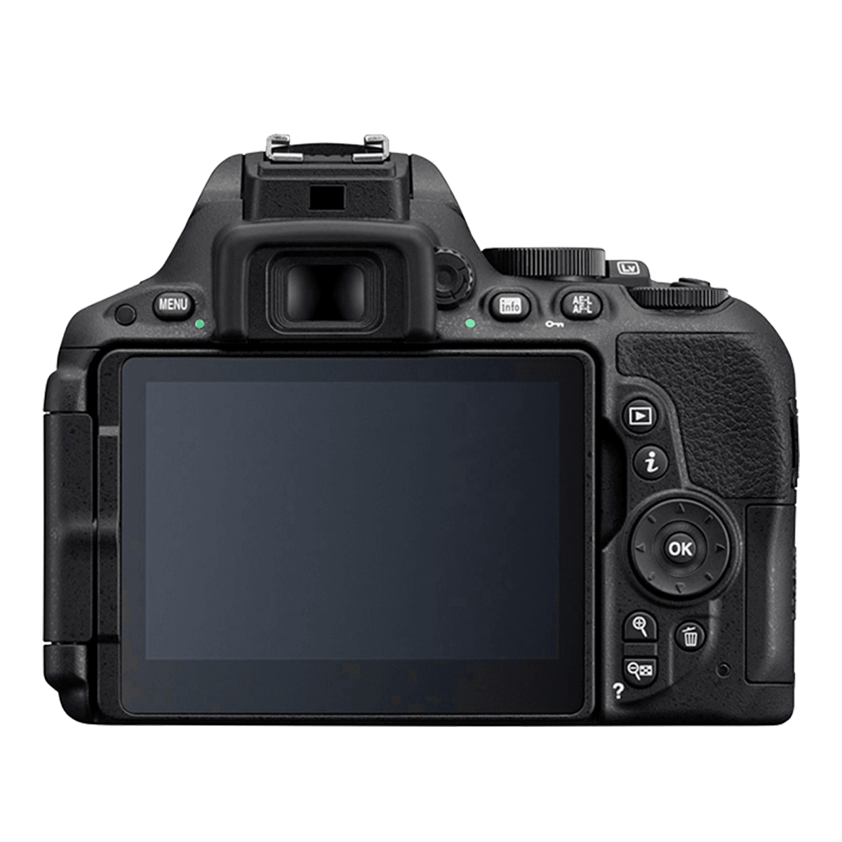 Retro di una fotocamera digitale nera con schermo LCD e pulsanti.