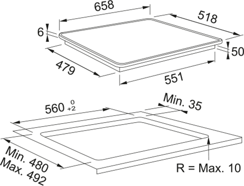 Ocak boyutlarını gösteren diyagram. Üstten görünüm 658x518mm, yan 50mm. Kesit görünümü 560x492mm.