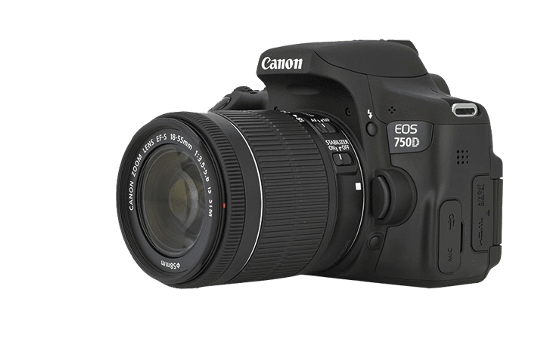 Fotocamera reflex Canon EOS 750D nera con obiettivo 18-55mm, isolata su sfondo bianco.