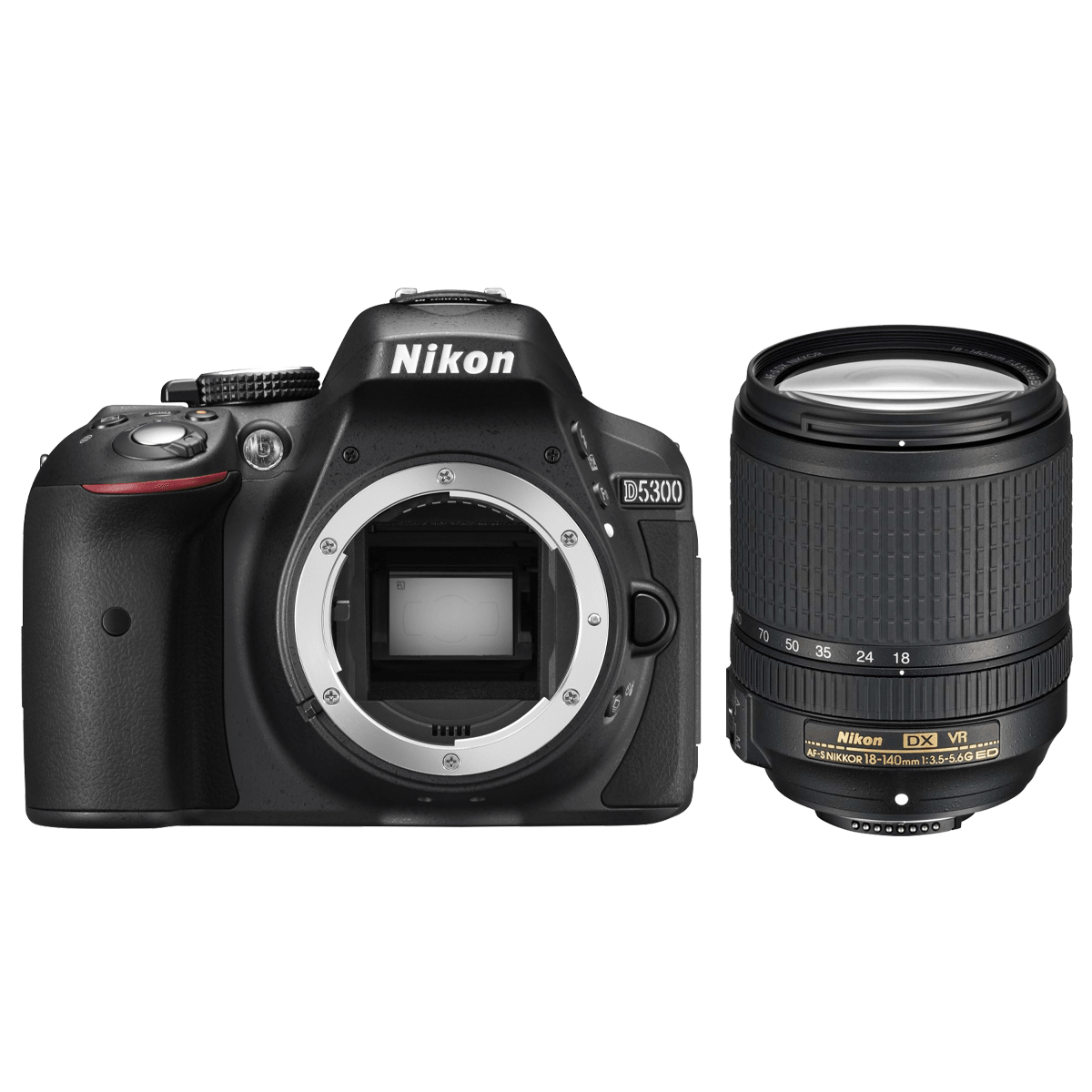Eine schwarze Nikon D5300 Kamera mit Objektiv daneben.