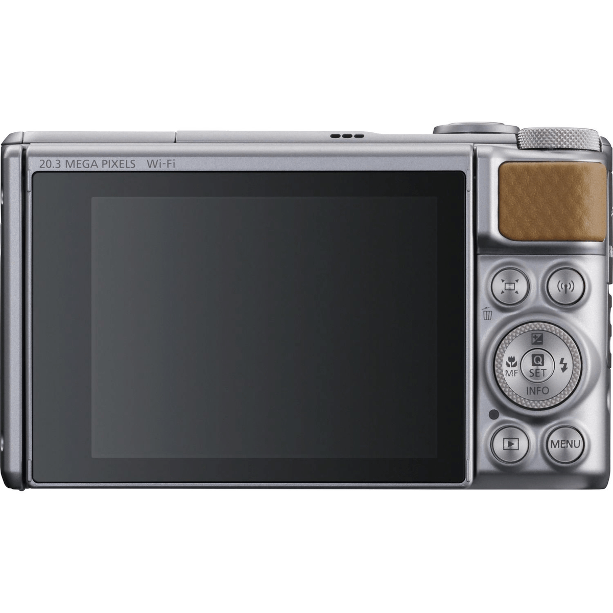 Retro di una fotocamera digitale argentata con schermo grande e pulsanti.