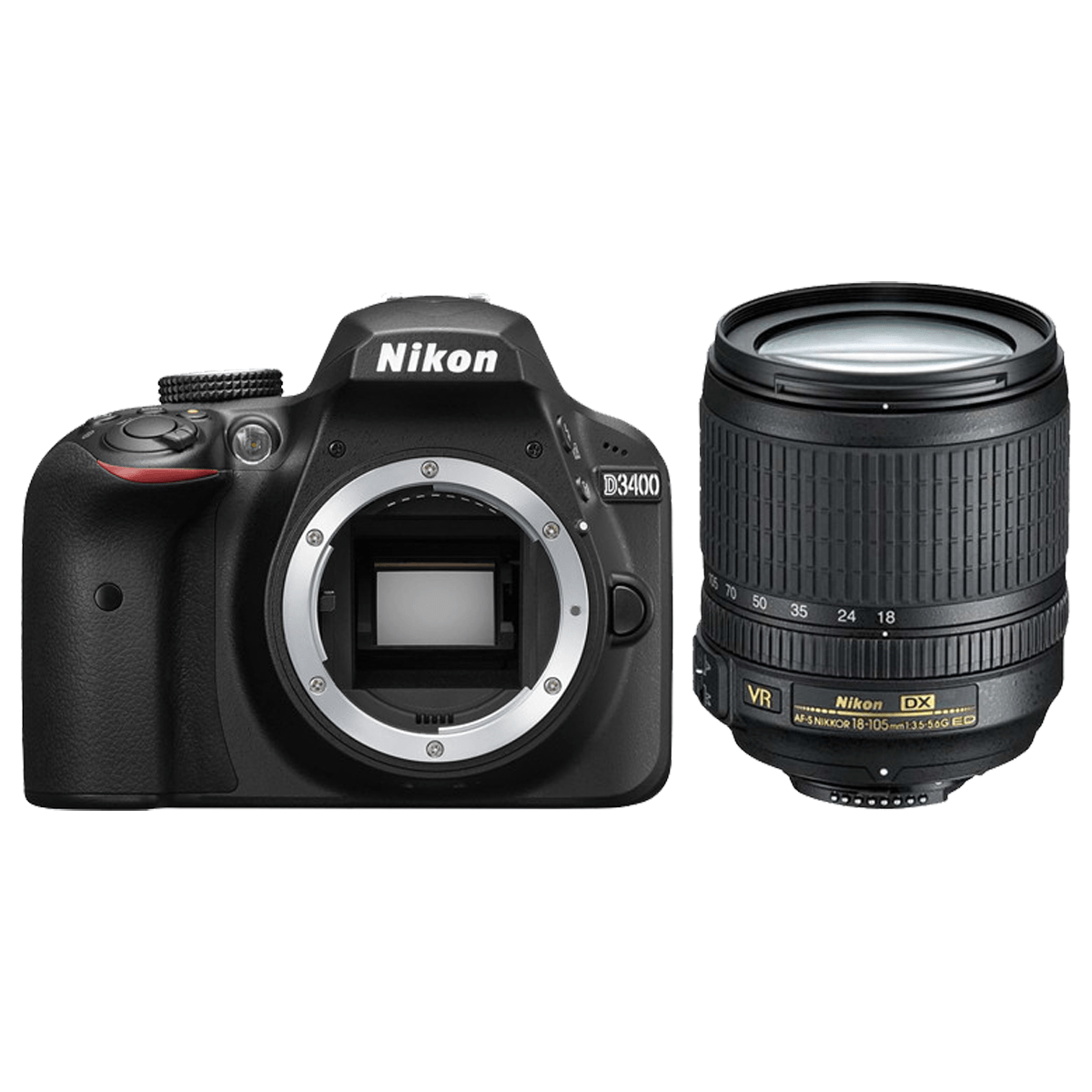 Fotocamera Nikon D3400 nera accanto a un obiettivo Nikkor 18-105mm nero.
