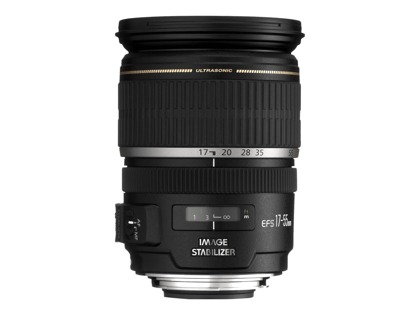 Un obiettivo per fotocamera nero con etichette come 'ULTRASONIC' e 'IMAGE STABILIZER'.
