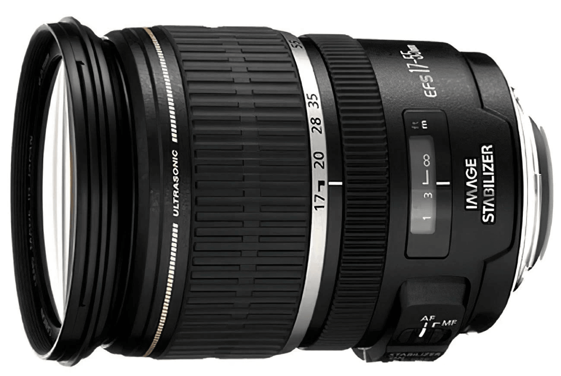 Un obiettivo Canon EFS 17-55mm nero con stabilizzatore d'immagine.