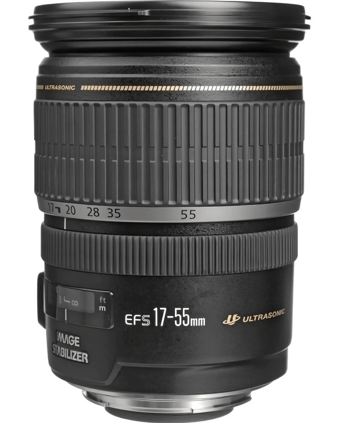 Un obiettivo per fotocamera nero con segni argentati e ghiera dello zoom.