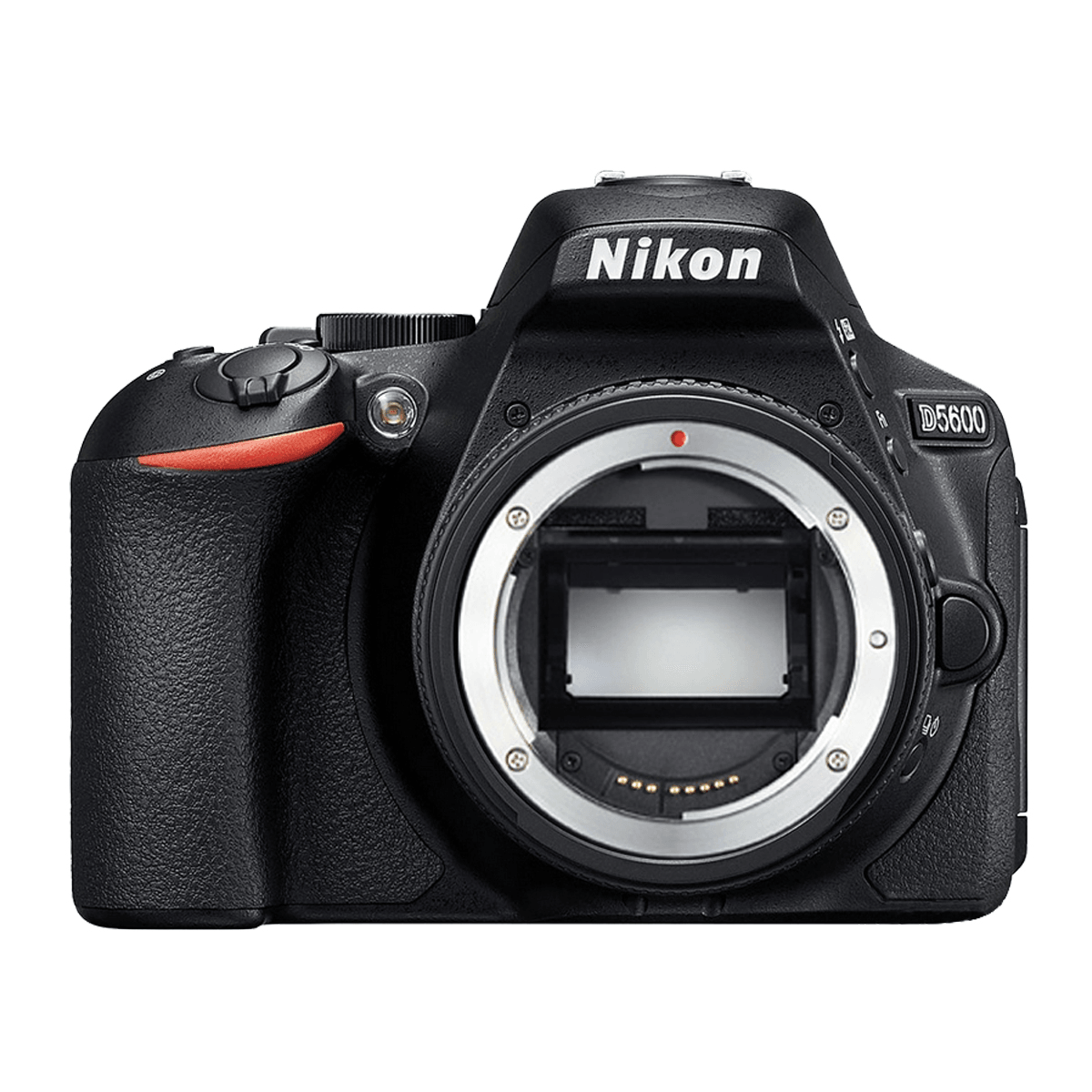 Una cámara DSLR Nikon D5600 negra con montura de lente.