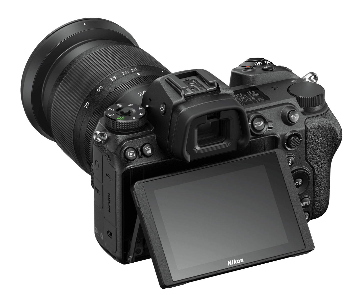 Cámara Nikon negra con lente, pantalla articulada y controles.