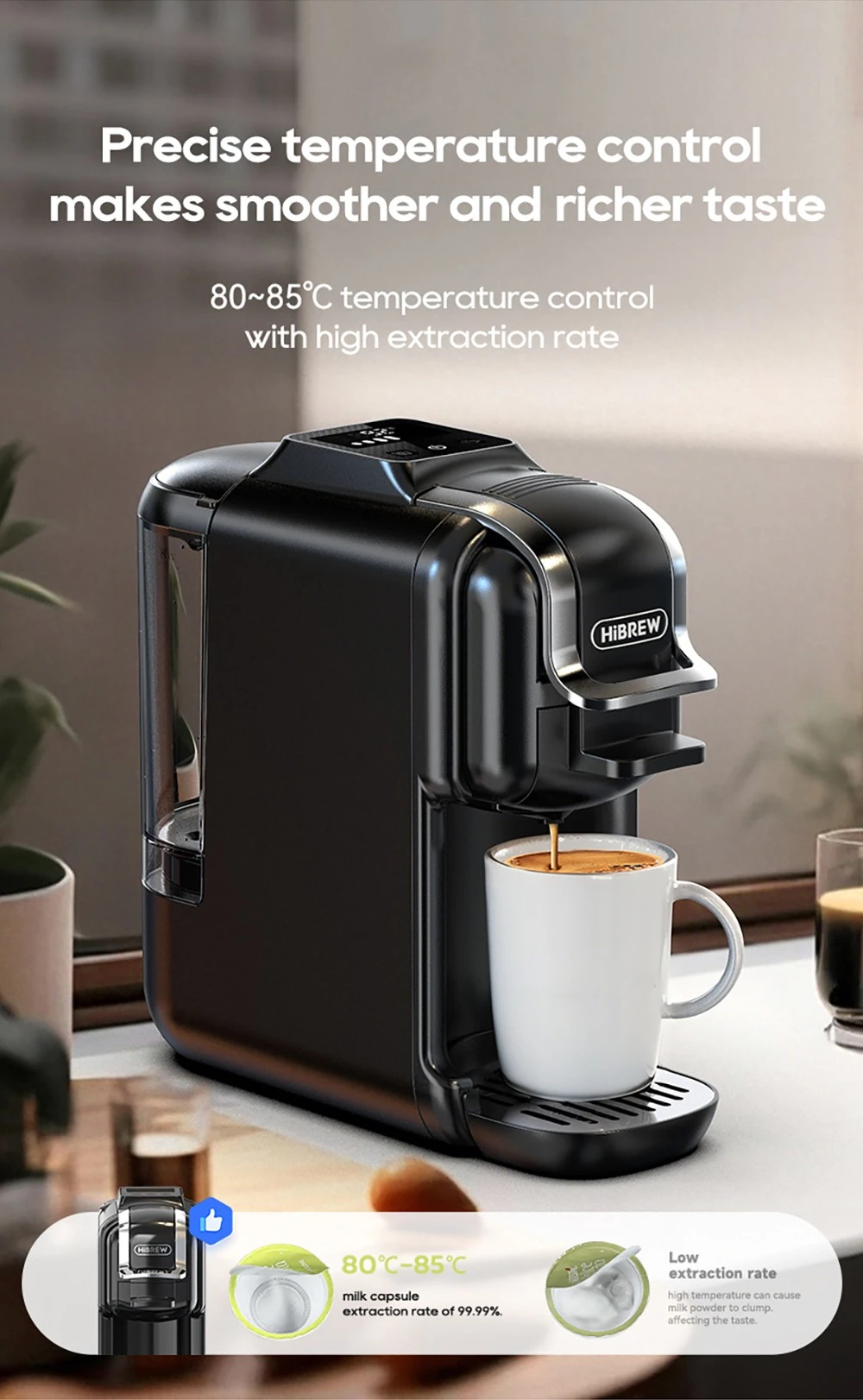 Macchina da caffè nera prepara caffè in tazza bianca a 80-85°C.