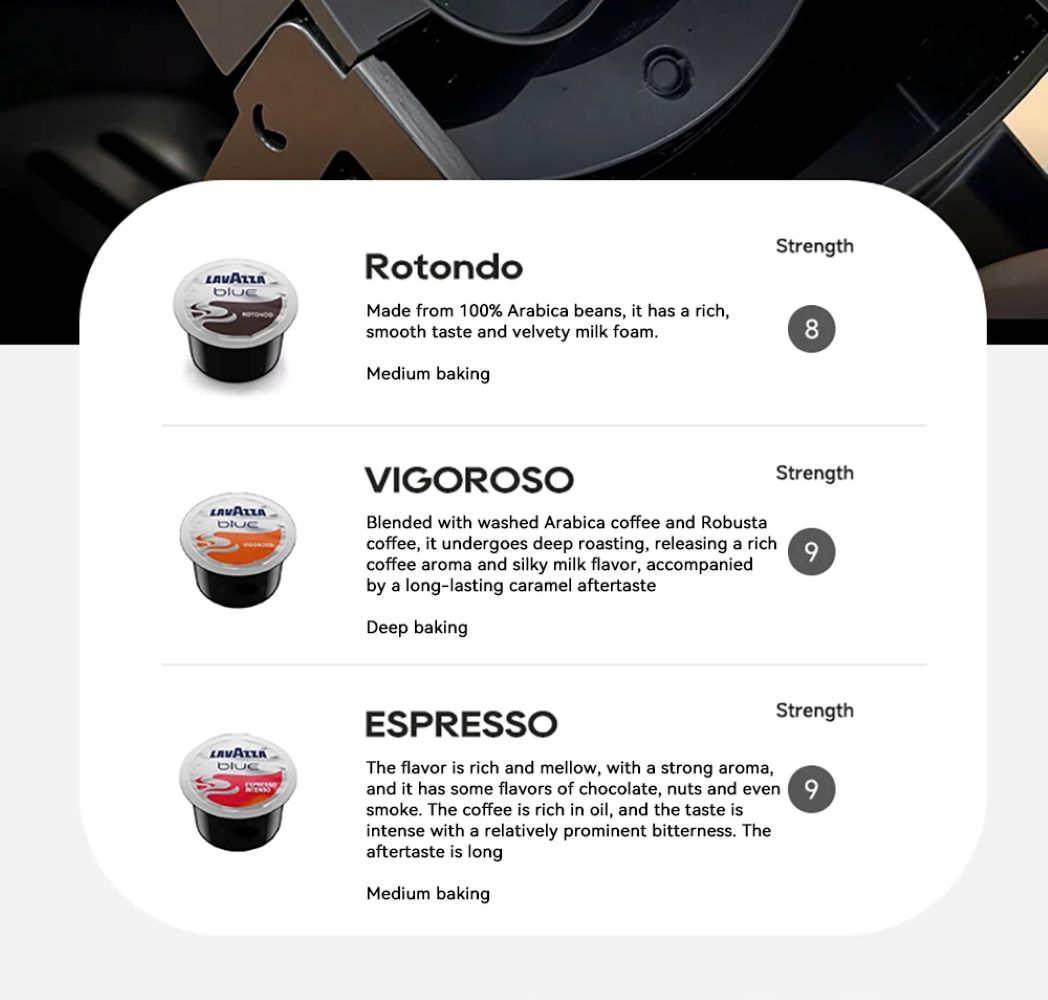Tre capsule di caffè Lavazza: Rotondo, Vigoroso ed Espresso, con valutazioni di forza.